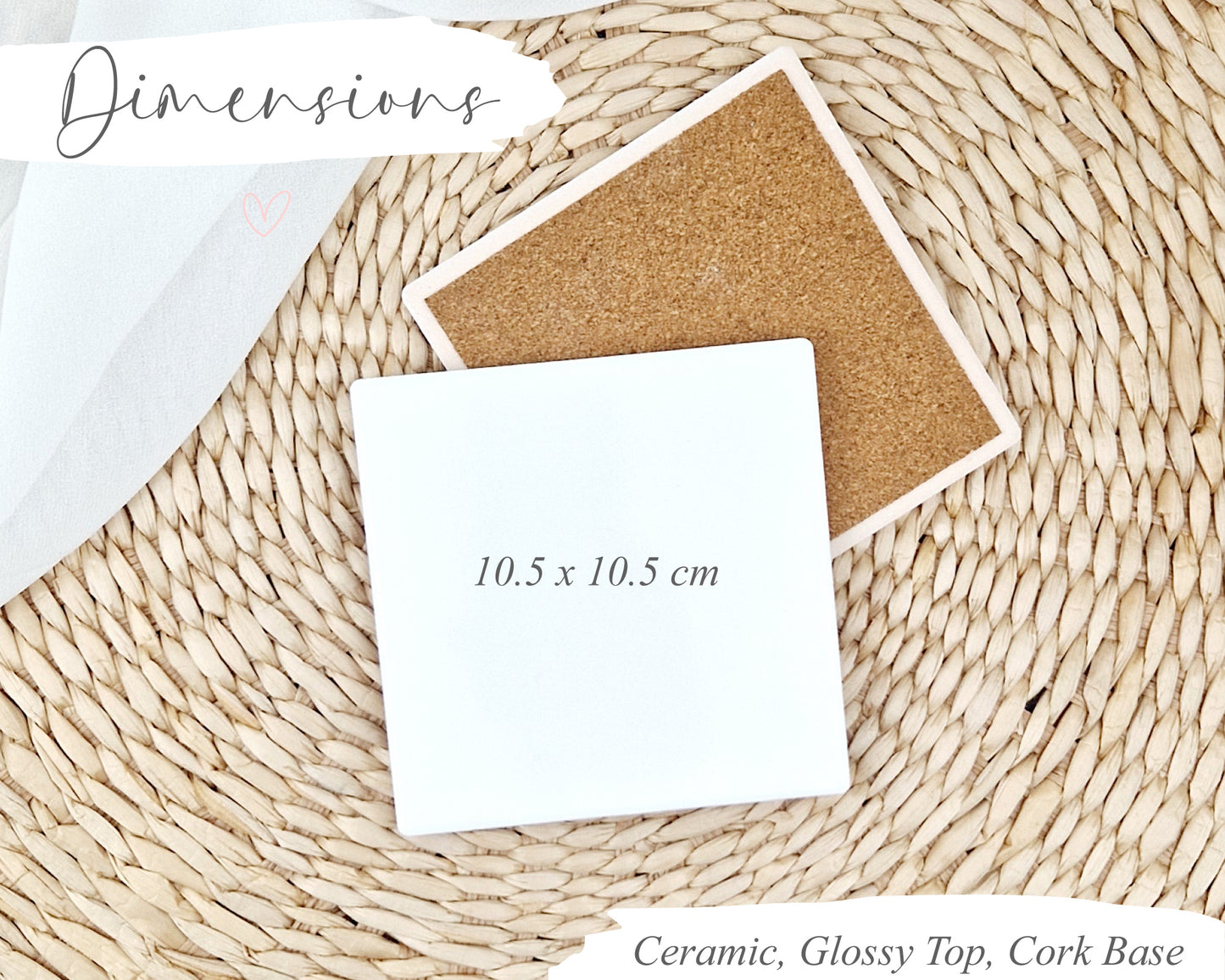 Two square coasters with cork base and ceramic top on a woven surface, showing dimensions.
