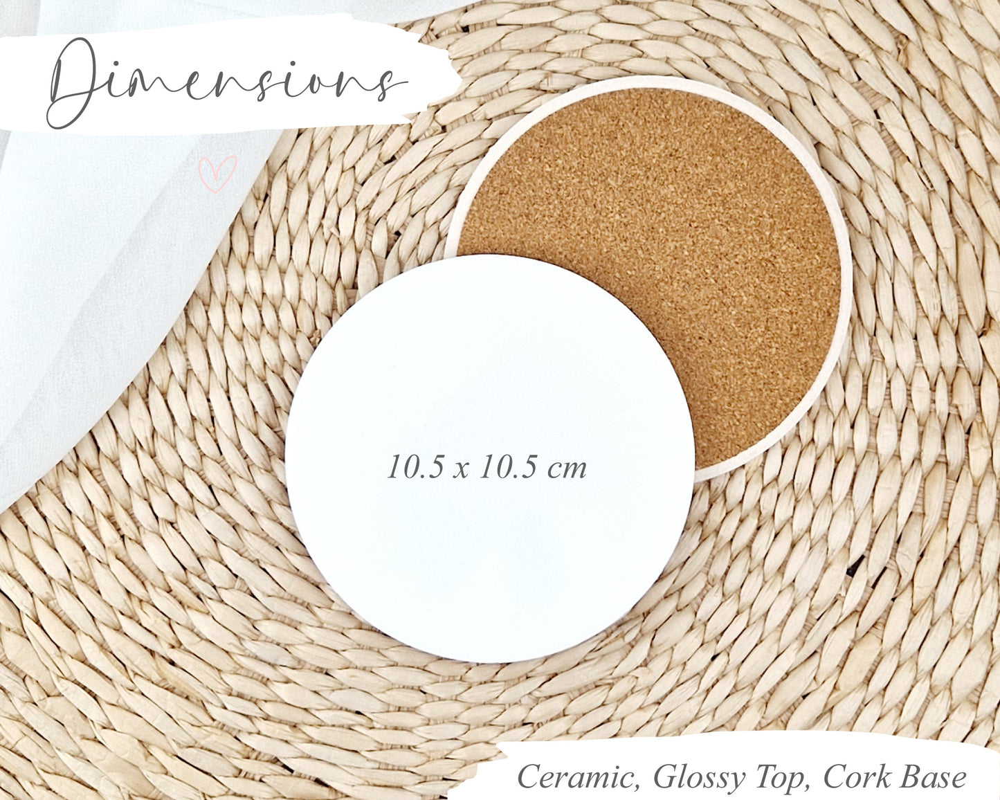 Ceramic coaster with cork base on a woven mat, showing dimensions.