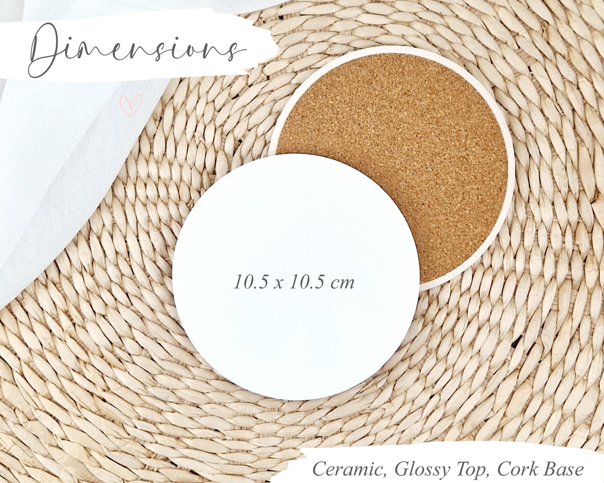 Ceramic coaster with cork base on a woven mat, showing dimensions.